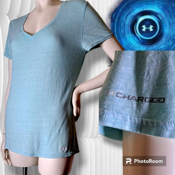 UNDER ARMOUR Women's Charged Cotton Fitted Heathered Blue V-Neck Tee LARGE - Picture 1 of 7